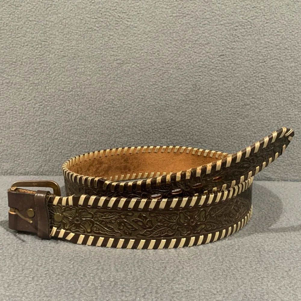 Vintage Brown Leather Floral Embossed Belt Tooled Gold Trim Name Size 34 M Women